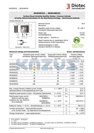 SK3030CD2 datasheet - Surface Mount Schottky Rectifier Diodes. Common Cathode