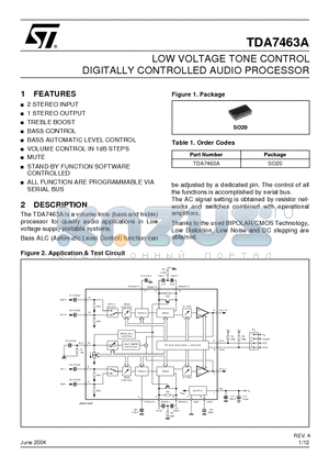 TDA7463A_1 datasheet - LOW VOLTAGE TONE CONTROL DIGITALLY CONTROLLED AUDIO PROCESSOR