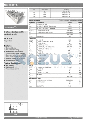 SK30DTA_08 datasheet - 3-phase bridge rectifier  series thyristor