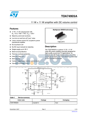TDA7495SA datasheet - 11 W  11 W amplifier with DC volume control