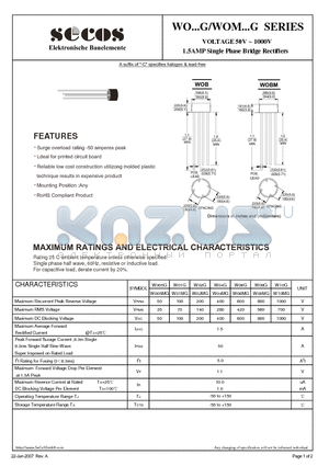 W005G datasheet - 1.5AMP Single Phase Bridge Rectifiers