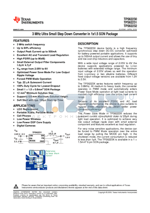 TPS62231DRY datasheet - 3 MHz Ultra Small Step Down Converter in 1x1.5 SON Package