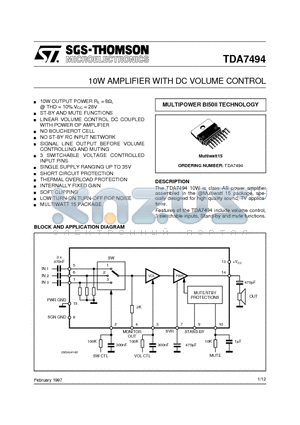 TDA7494 datasheet - 10W AMPLIFIER WITH DC VOLUME CONTROL