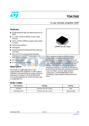 TDA7502013TR datasheet - In-car remote amplifier DSP