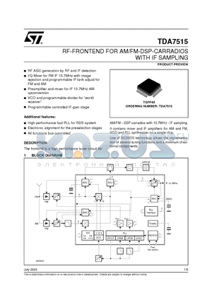 TDA7515 datasheet - RF-FRONTEND FOR AM/FM-DSP-CARRADIOS WITH IF SAMPLING