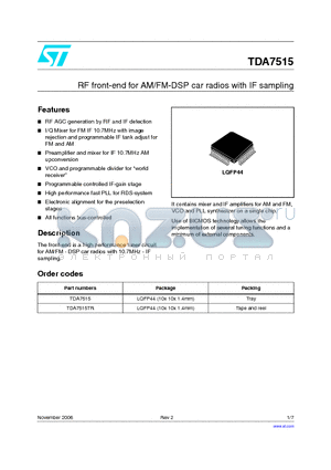TDA7515 datasheet - RF front-end for AM/FM-DSP car radios with IF sampling