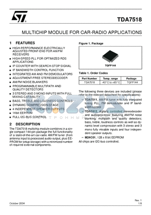 TDA7518 datasheet - MULTICHIP MODULE FOR CAR-RADIO APPLICATIONS