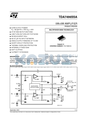 TDA7496SSA datasheet - 5W5W AMPLIFIER