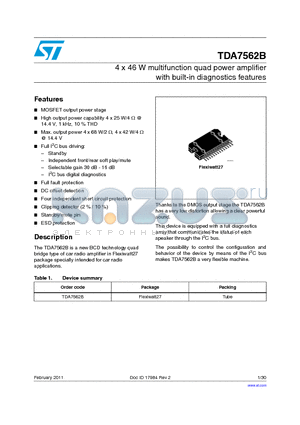 TDA7562B datasheet - 4 x 46 W multifunction quad power amplifier with built-in diagnostics features