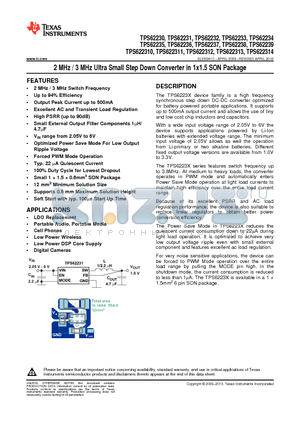 TPS62238 datasheet - 2 MHz / 3 MHz Ultra Small Step Down Converter in 1x1.5 SON Package
