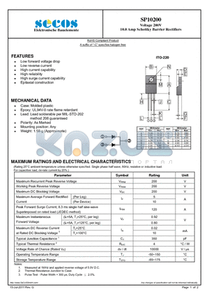 SP10200_11 datasheet - Voltage 200V 10.0 Amp Schottky Barrier Rectifiers