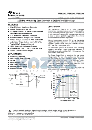 TPS62240DRVR datasheet - 2.25 MHz 300 mA Step Down Converter in 2x2SON/TSOT23 Package