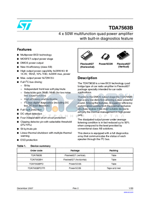 TDA7563B datasheet - 4 x 50W multifunction quad power amplifier with built-in diagnostics feature