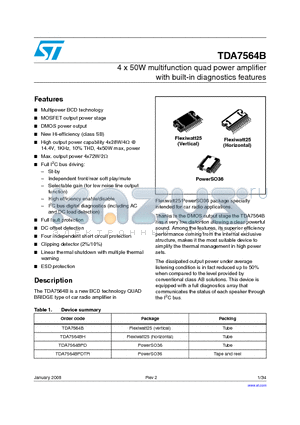 TDA7564B datasheet - 4 x 50W multifunction quad power amplifier with built-in diagnostics features