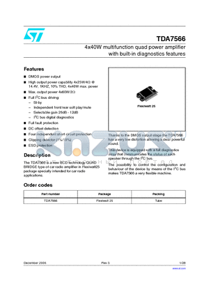 TDA7566 datasheet - 4x40W multifunction quad power amplifier with built-in diagnostics features