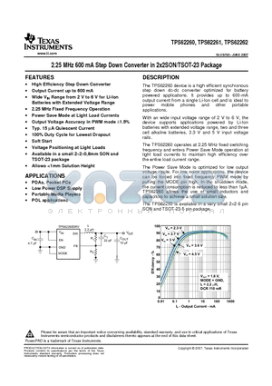 TPS62260DRV datasheet - 2.25 MHz 600 mA Step Down Converter in 2x2SON/TSOT-23 Package