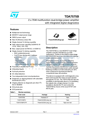 TDA7575B datasheet - 2 x 75W multifunction dual-bridge power amplifier with integrated digital diagnostics