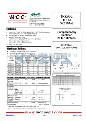 SK32A-L datasheet - 3 Amp Schottky Rectifier 20 to 100 Volts