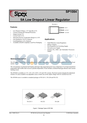 SP1084 datasheet - 5A Low Dropout Linear Regulator
