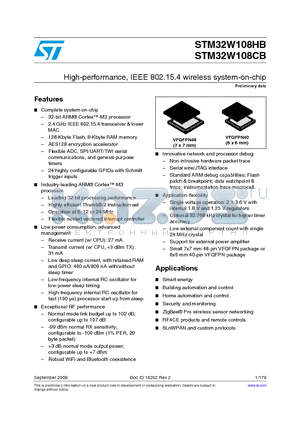STM32W108HBU6 datasheet - High-performance, IEEE 802.15.4 wireless system-on-chip