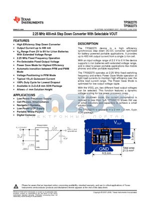TPS62273DRVR datasheet - 2.25 MHz 400-mA Step Down Converter With Selectable VOUT