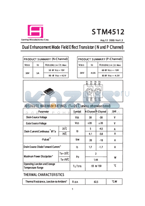 STM4512 datasheet - Dual E nhancement Mode Field Effect Transistor(N and P Channel)