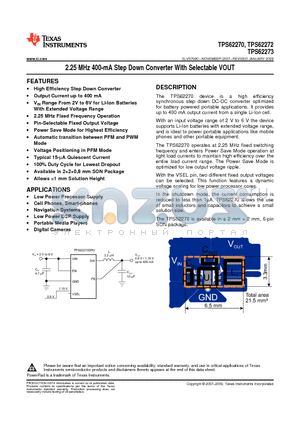 TPS62273DRVRG4 datasheet - 2.25 MHz 400-mA Step Down Converter With Selectable VOUT