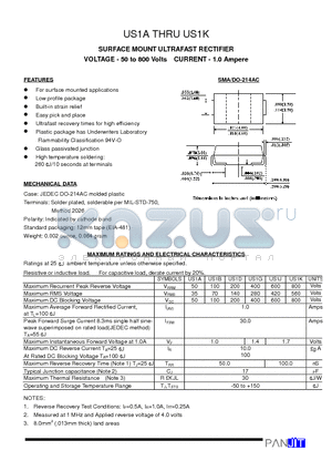 US1K datasheet - SURFACE MOUNT ULTRAFAST RECTIFIER(VOLTAGE - 50 to 800 Volts CURRENT - 1.0 Ampere)