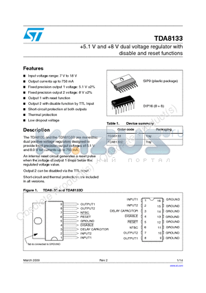 TDA8133 datasheet - 5.1 V and 8 V dual voltage regulator with disable and reset functions