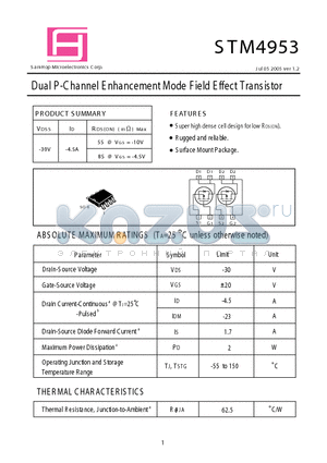 STM4953 datasheet - Dual P-Channel E nhancement Mode Field Effect Transistor