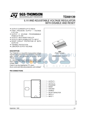 TDA8139 datasheet - 5.1V AND ADJUSTABLE VOLTAGE REGULATOR WITH DISABLE AND RESET