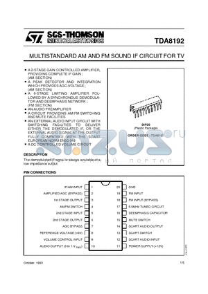 TDA8192 datasheet - MULTISTANDARD AM AND FM SOUND IF CIRCUIT FOR TV