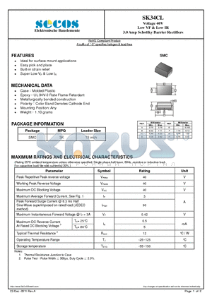 SK34CL datasheet - Voltage 40V Low VF & Low IR 3.0 Amp Schottky Barrier Rectifiers