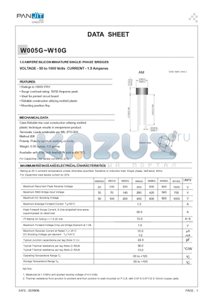 W04G datasheet - 1.5 AMPERE SILICON MINIATURE SINGLE- PHASE BRIDGES VOLTAGE - 50 to 1000 Volts CURRENT - 1.5 Amperes