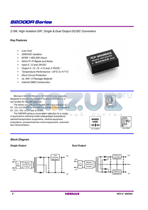 S2D07R datasheet - 2-3W, High Isolation DIP, Single & Dual Output DC/DC Converters