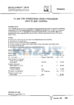 TDA8405 datasheet - TV AND VTR STEREO/DUAL SOUND PROCESSOR WITH I2C BUS CONTROL