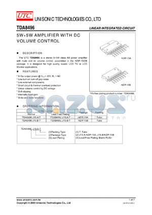 TDA8496-J15-B-T datasheet - 5W5W AMPLIFIER WITH DC VOLUME CONTROL