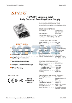 SP15U-03S datasheet - 15-WATT, Universal Input Fully Enclosed Switching Power Supply