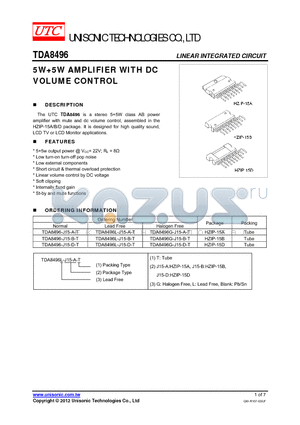 TDA8496-J15-D-T datasheet - 5W5W AMPLIFIER WITH DC VOLUME CONTROL