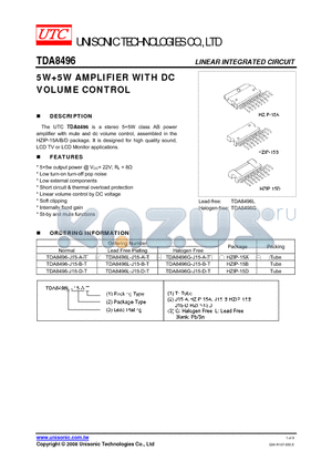 TDA8496G-J15-B-T datasheet - 5W5W AMPLIFIER WITH DC VOLUME CONTROL