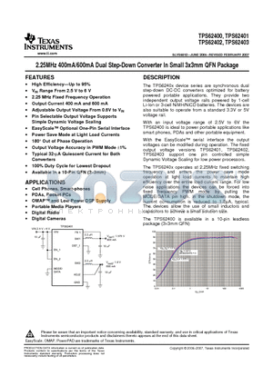 TPS62400DRCT datasheet - 2.25MHz 400mA/600mA Dual Step-Down Converter In Small 3x3mm QFN Package