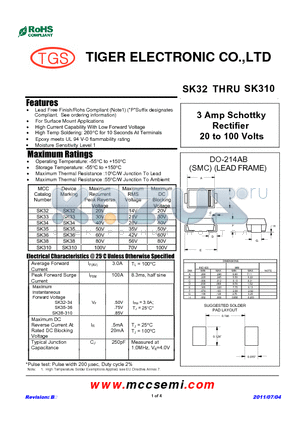SK38 datasheet - 3 Amp Schottky Rectifier 20 to 100 Volts