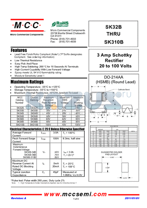 SK38B datasheet - 3 Amp Schottky Rectifier 20 to 100 Volts