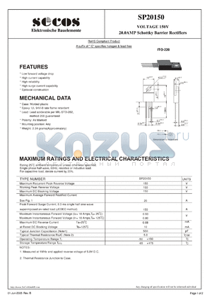 SP20150 datasheet - 20.0AMP Schottky Barrier Rectifiers