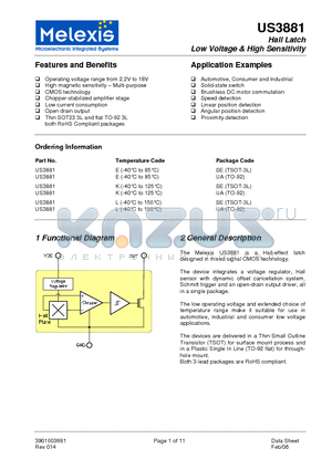 US3881EUA datasheet - Hall Latch Low Voltage & High Sensitivity
