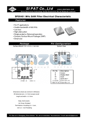 SP20401 datasheet - SAW Filter Electrical Characteristic
