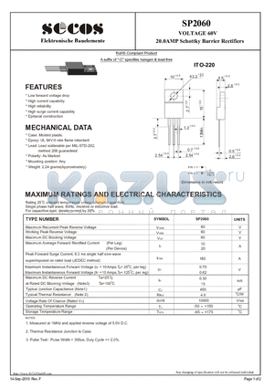 SP2060 datasheet - 20.0AMP Schottky Barrier Rectifiers