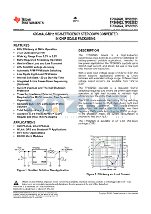 TPS62620YFDR datasheet - 600-mA, 6-MHz HIGH-EFFICIENCY STEP-DOWN CONVERTER IN CHIP SCALE PACKAGING