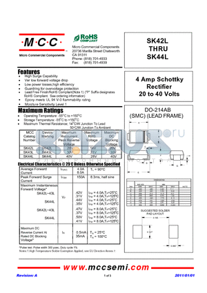 SK42L datasheet - 4 Amp Schottky Rectifier 20 to 40 Volts