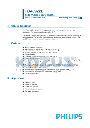 TDA8922B datasheet - 2 X 50 W class-D power amplifier